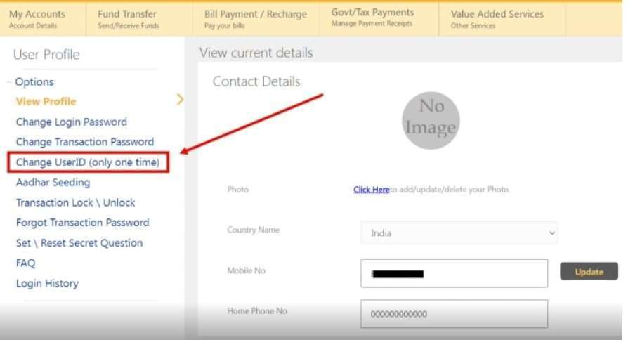Select Change User ID in Indian bank